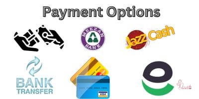 Accepted Payment Methods including Credit/Debit Cards, Easypaisa, JazzCash, and COD